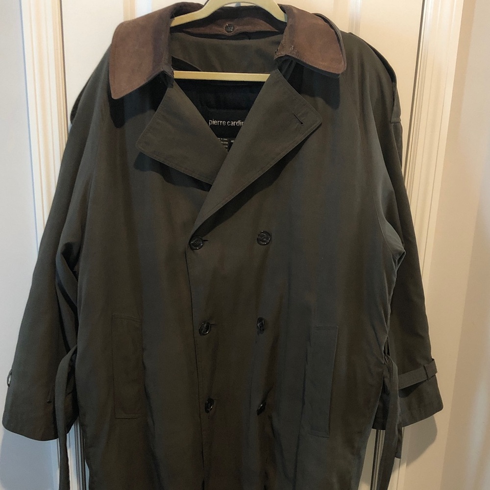 Pierre Cardin Mens 40L Olive Grn Overcoat Trench Coat Zip Liner Leather Collar